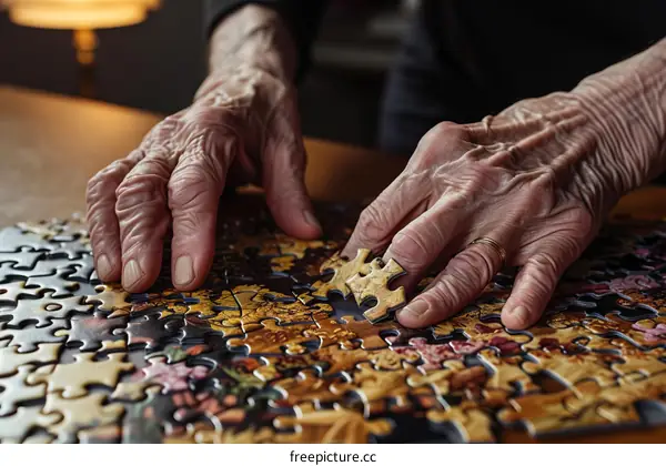 Elderly woman's hands putting together a jigsaw puzzle