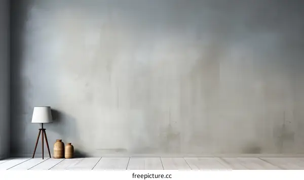 An empty room with a tripod floor lamp and two vases by the wall