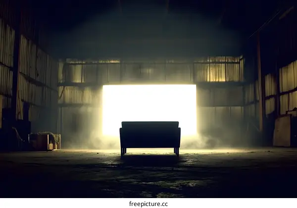 Silhouette of a Sofa in Front of a Bright Light in a Dark Warehouse