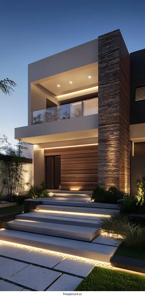 Modern House Exterior Design With Stone And Wood Elements