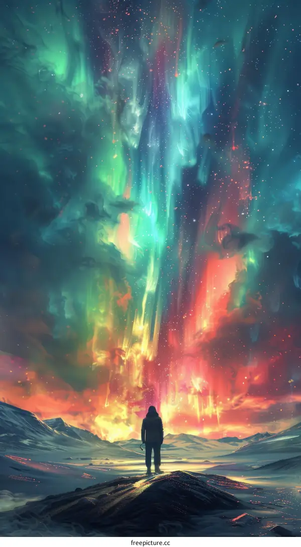 Awe-Inspiring Aurora Borealis with Solitary Figure on a Rocky Outcrop