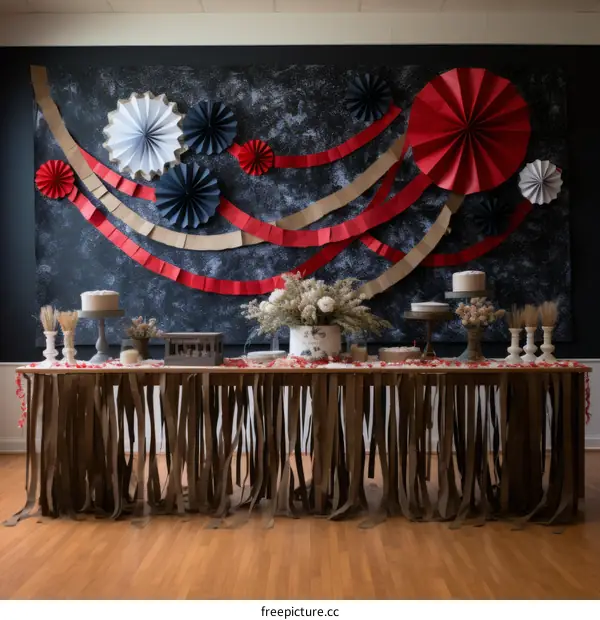 Red, white and blue party streamers and paper fans backdrop for a patriotic event