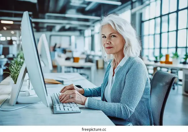 Mature Woman Working at Computer in Modern Office