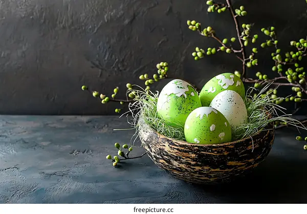 Easter Eggs in a Wooden Bowl Decorated with Spring Branches