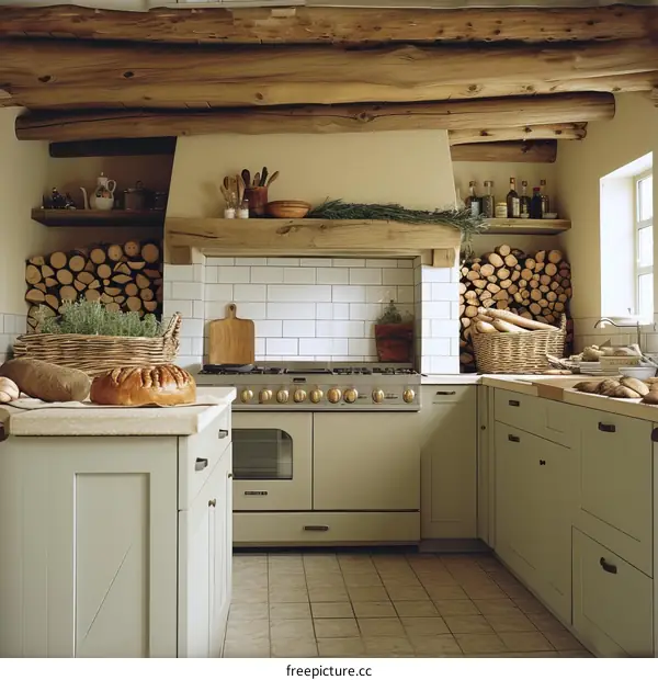 Rustic Kitchen with a Large Stove and Stone Fireplace