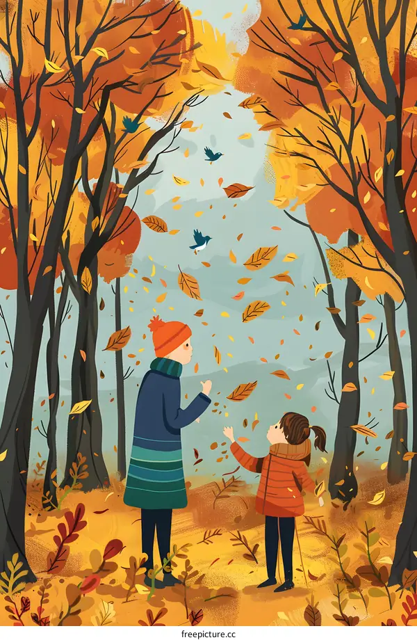 Autumn Illustration With Two Children Playing In The Forest
