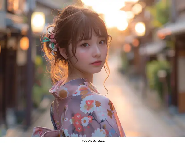 Japanese Woman in Kimono in a Traditional Town