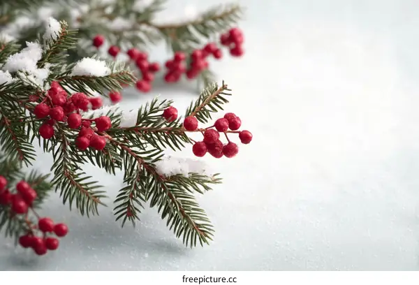 Winter Branches with Red Berries and Snow