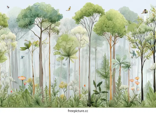 A Misty Forest Illustration with Lush Vegetation