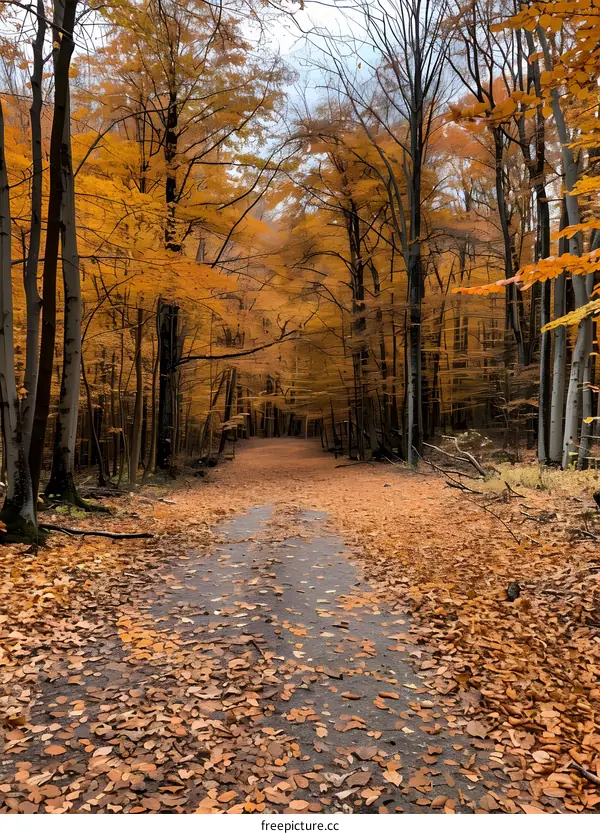 Autumn Forest Path Covered in Fallen Leaves