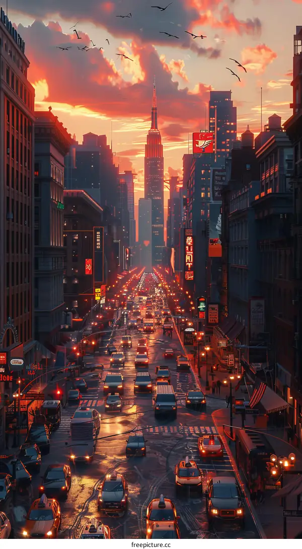 Cityscape Sunset Illustration with Evening Traffic