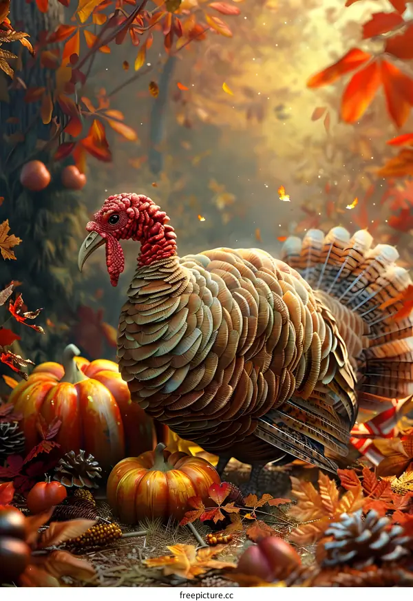 A turkey standing next to pumpkins and fallen leaves