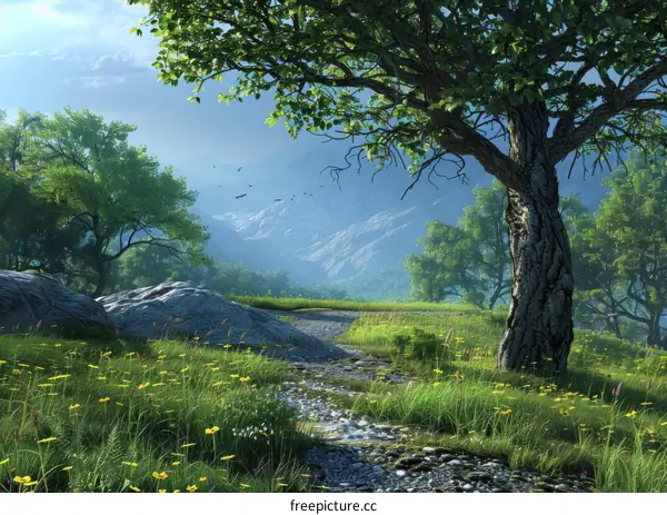 Fantasy Landscape with Majestic Tree and Mountain Range