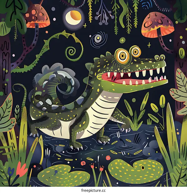 Green Crocodile Illustration with Night Sky Background