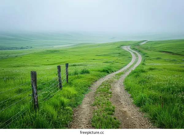 A dirt road winds through a lush green field