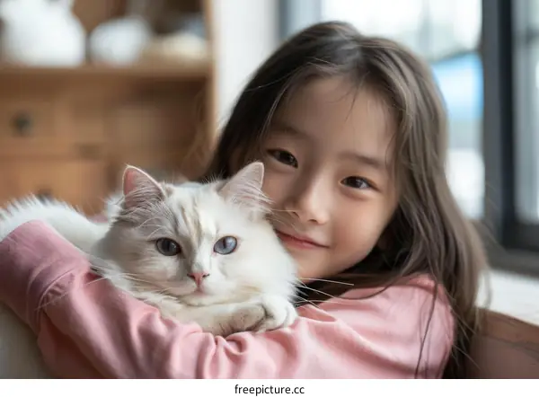 A cute little girl hugging a white cat