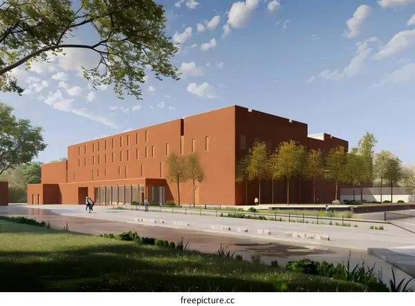 Modern Brick Building Design with Trees and Grass