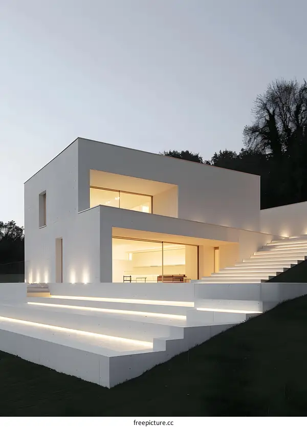 Modern White House with Illuminated Concrete Steps and Lawn