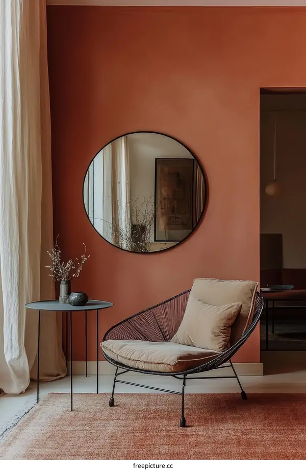 Modern Living Room with Round Mirror and Beige Chair