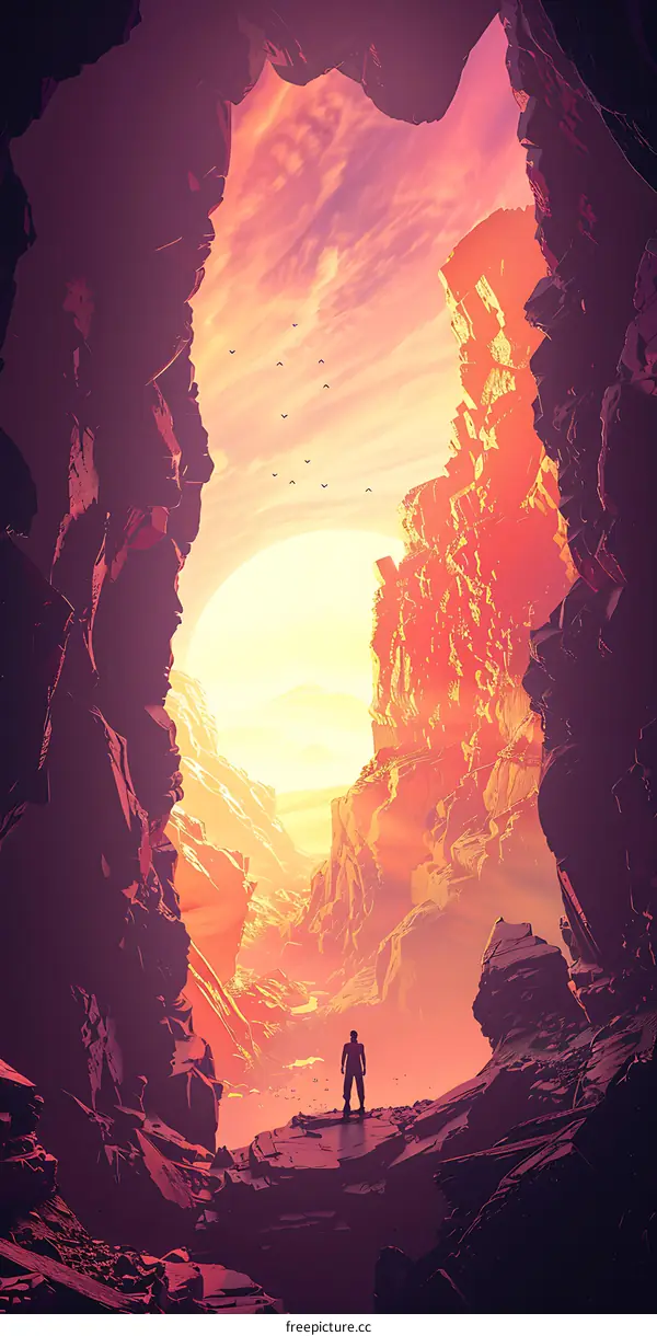 Silhouette of Man Standing on Cliff Top, Looking at Orange Sunset Sky Through Canyon