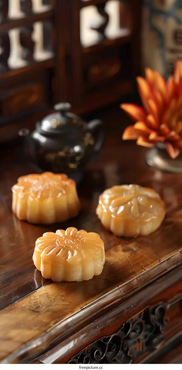 Close Up Of Chinese Moon Cakes On Wooden Table
