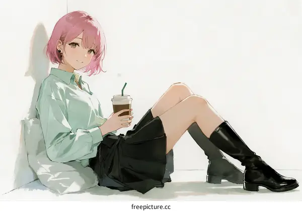 Pink Haired Girl Sitting and Holding Coffee Cup Indoors