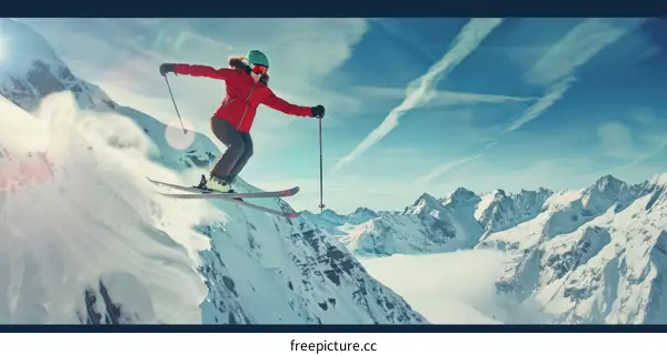 Young woman jumping while skiing down a snowy mountain slope