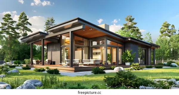 Modern House with Large Windows and Wooden Deck