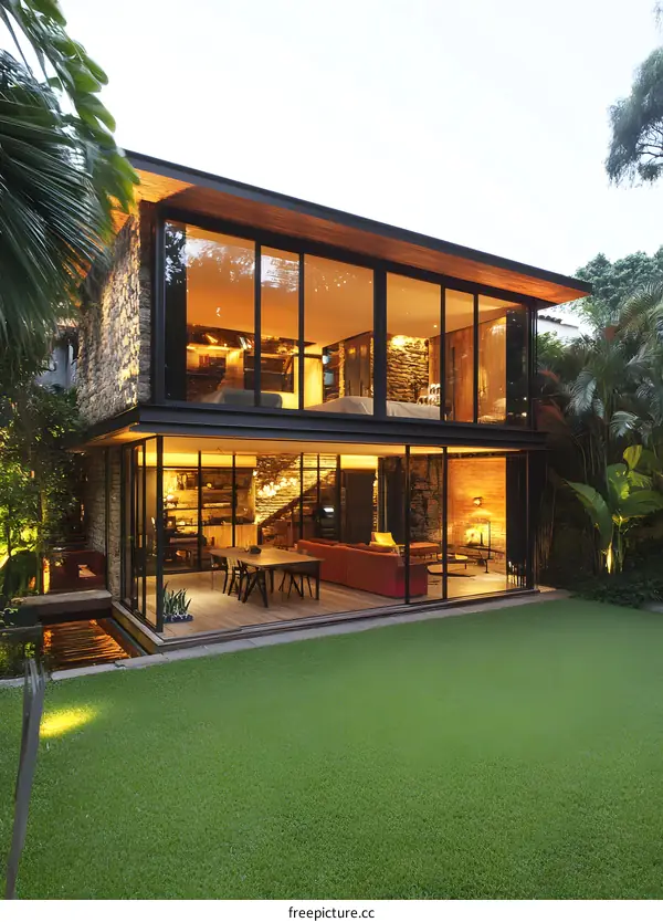 Modern House with Large Glass Windows and Stone Exterior