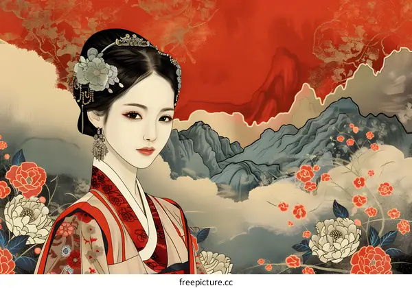 Traditional Asian Woman Wearing Hanbok with Red and Gold Background