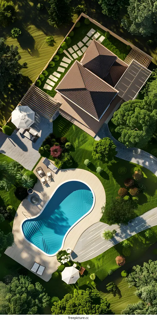 Aerial View of a Modern House with a Swimming Pool and Lush Greenery