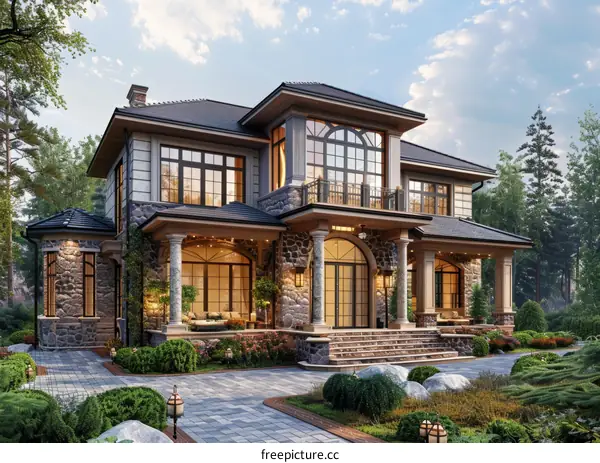 European-style house exterior with stone veneer and large windows