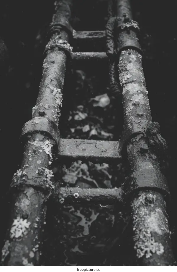 rusty metal ladder in a dark place