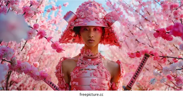 Pink Samurai Warrior in a Cherry Blossom Field