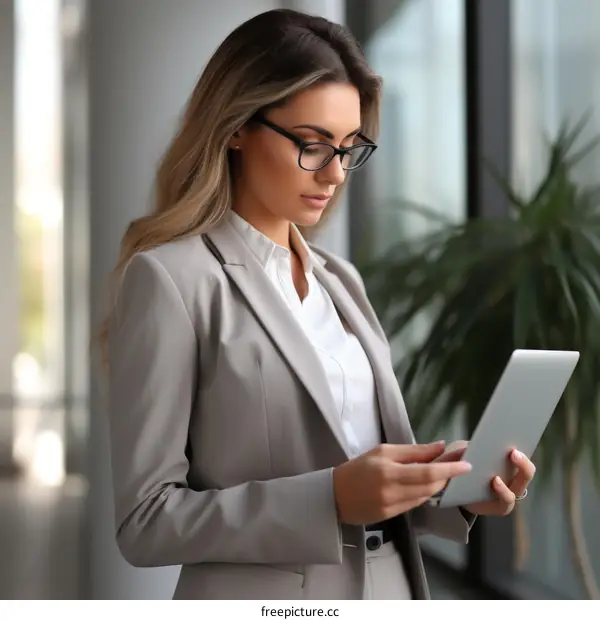 Businesswoman in suit using tablet in office