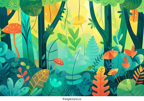 Colorful Illustration of a Forest with Lush Green Trees