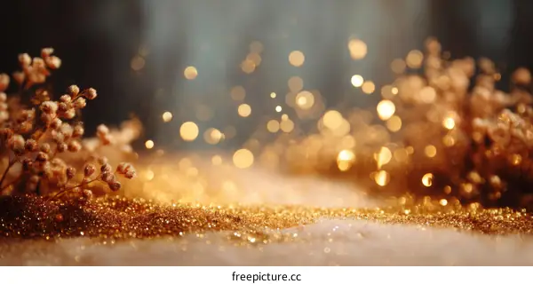 Golden Glitter Background with Dried Flowers