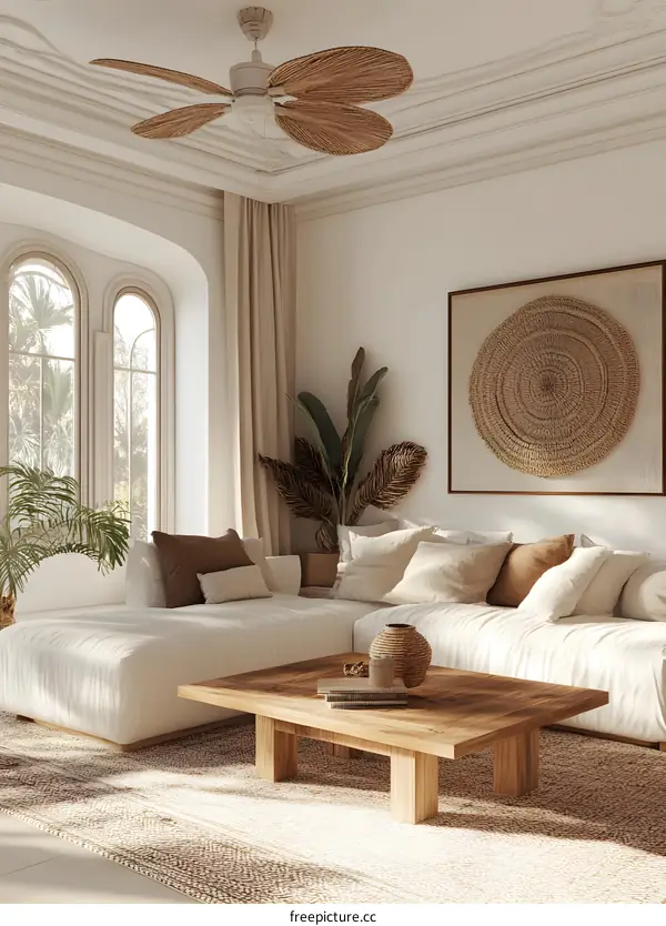 Modern Living Room Interior Design With Beige Sofa and Ceiling Fan