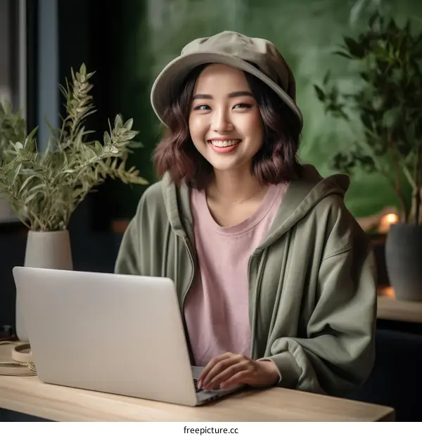 Young Asian Woman Working in a Cafe