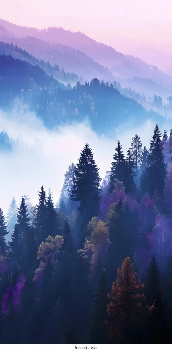 Misty Mountain Forest Landscape with Purple and Blue Hues