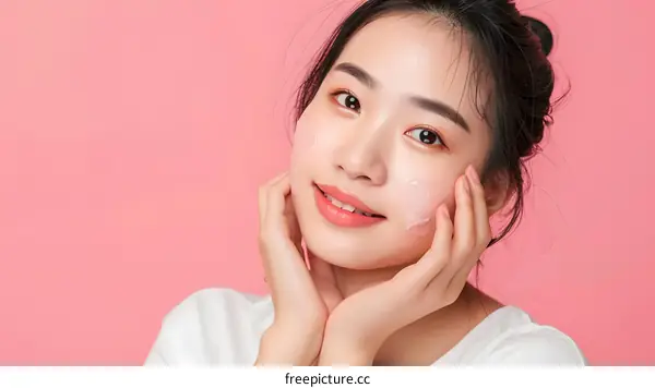 Young Asian Woman Applying Face Mask On Pink Background
