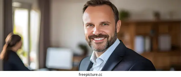 Smiling Caucasian Businessman in Office Setting