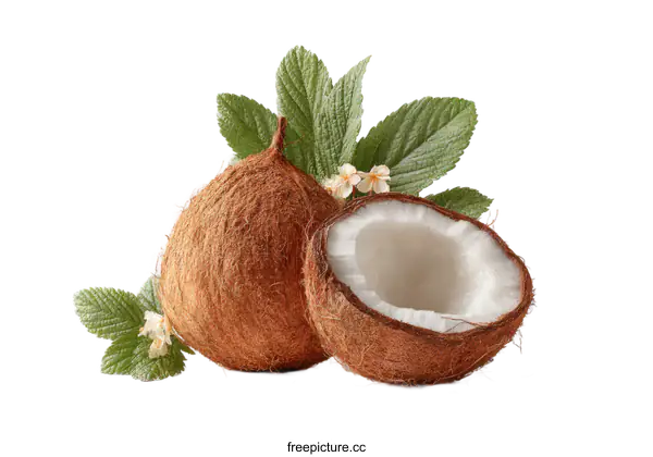 [Transparent Background PNG]Fresh Coconut with Leaves and Flowers
