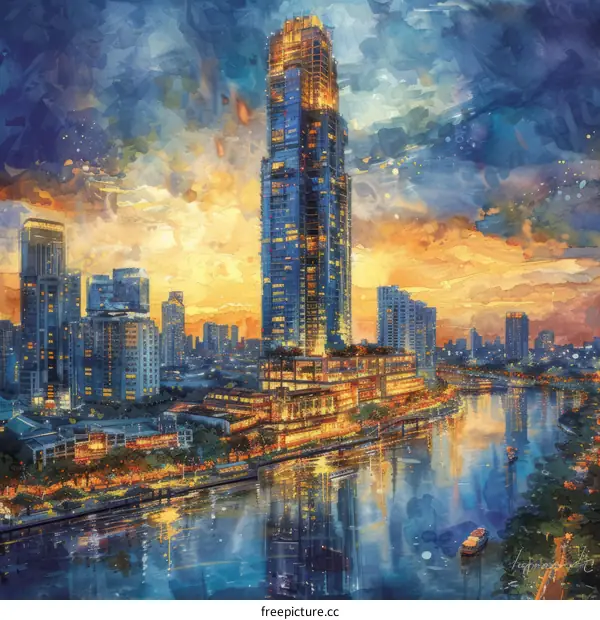 The reflection of the city lights on the river at night