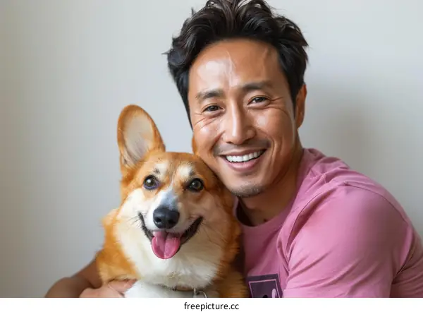 Asian man hugging a corgi dog
