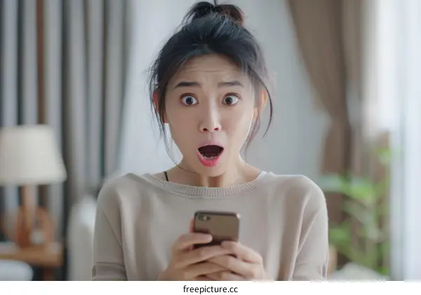 Asian woman looking at her phone with a surprised expression