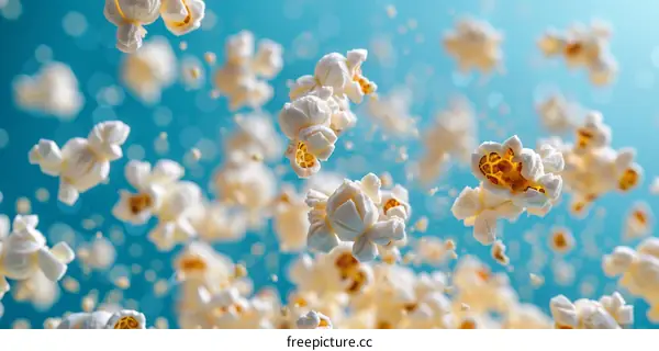 A blue background with white popcorn pieces flying through the air
