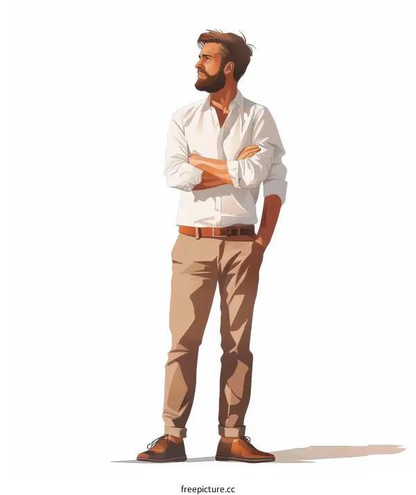 A man with beard wearing white shirt and brown pants