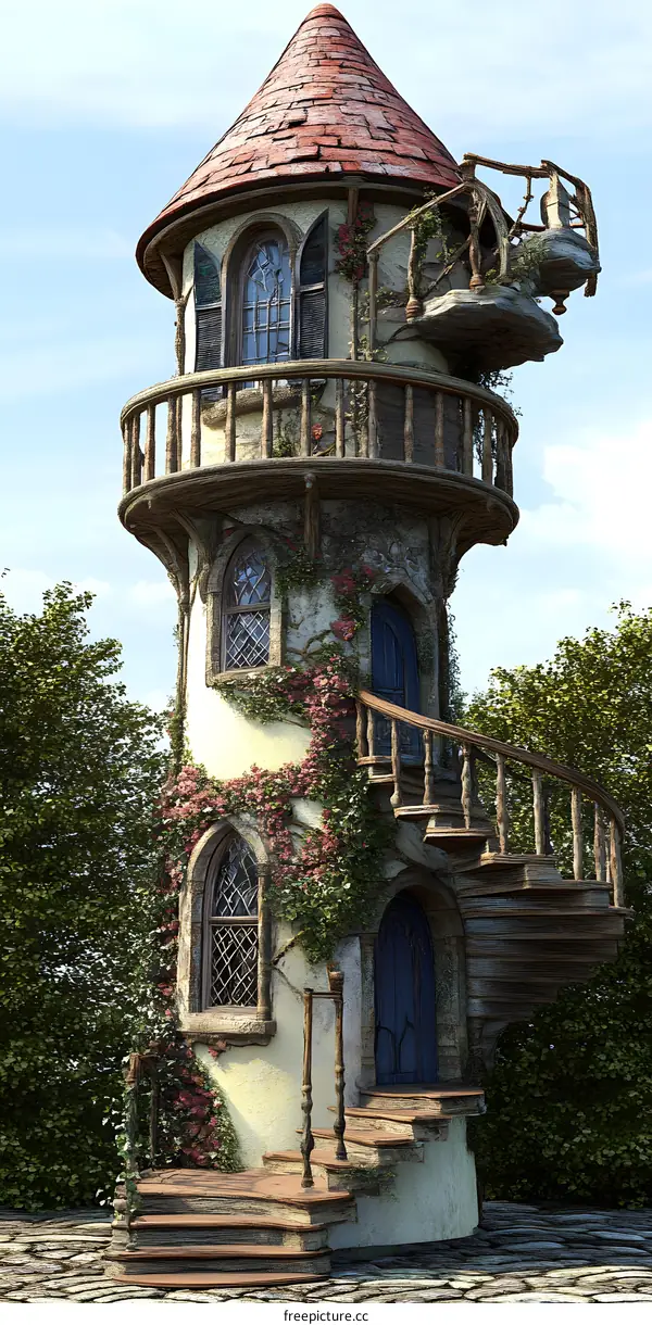 Fantasy Tower with Winding Stairs and Flowers