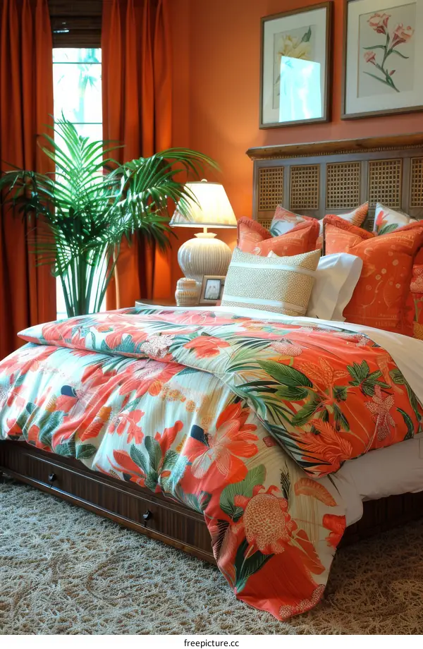 Tropical Floral Bedding Set in Orange and Green